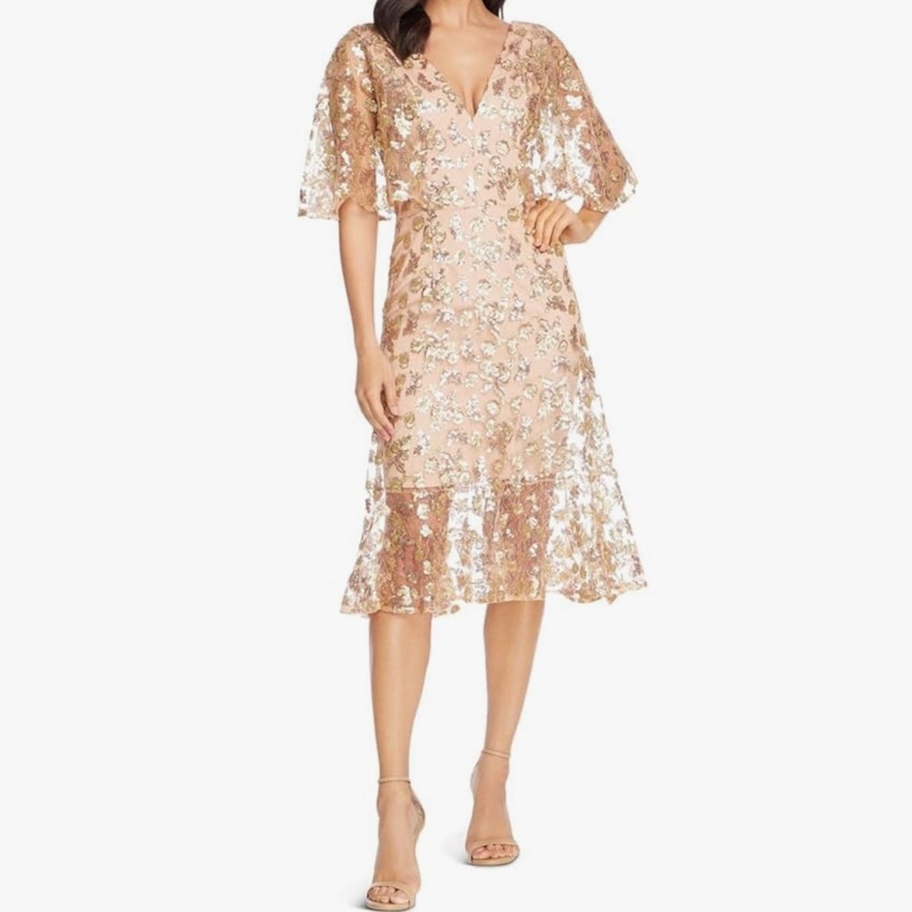 XS Dress the Population Metallic Floral Dress in Gold & Nude